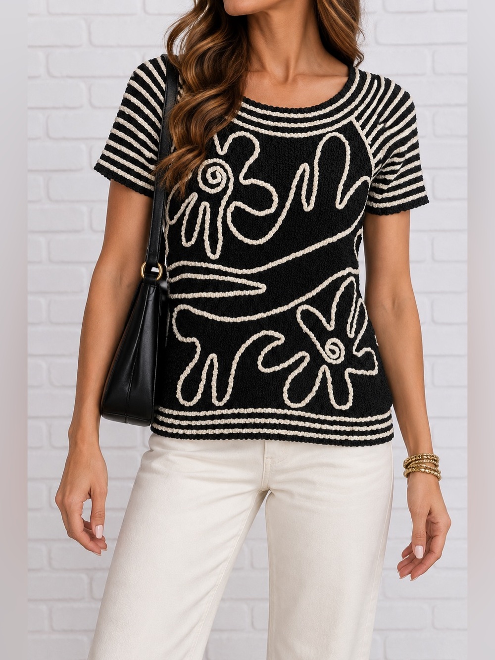 Vintage Y2K UBU NWT Black White Floral Popcorn Stretch Top L